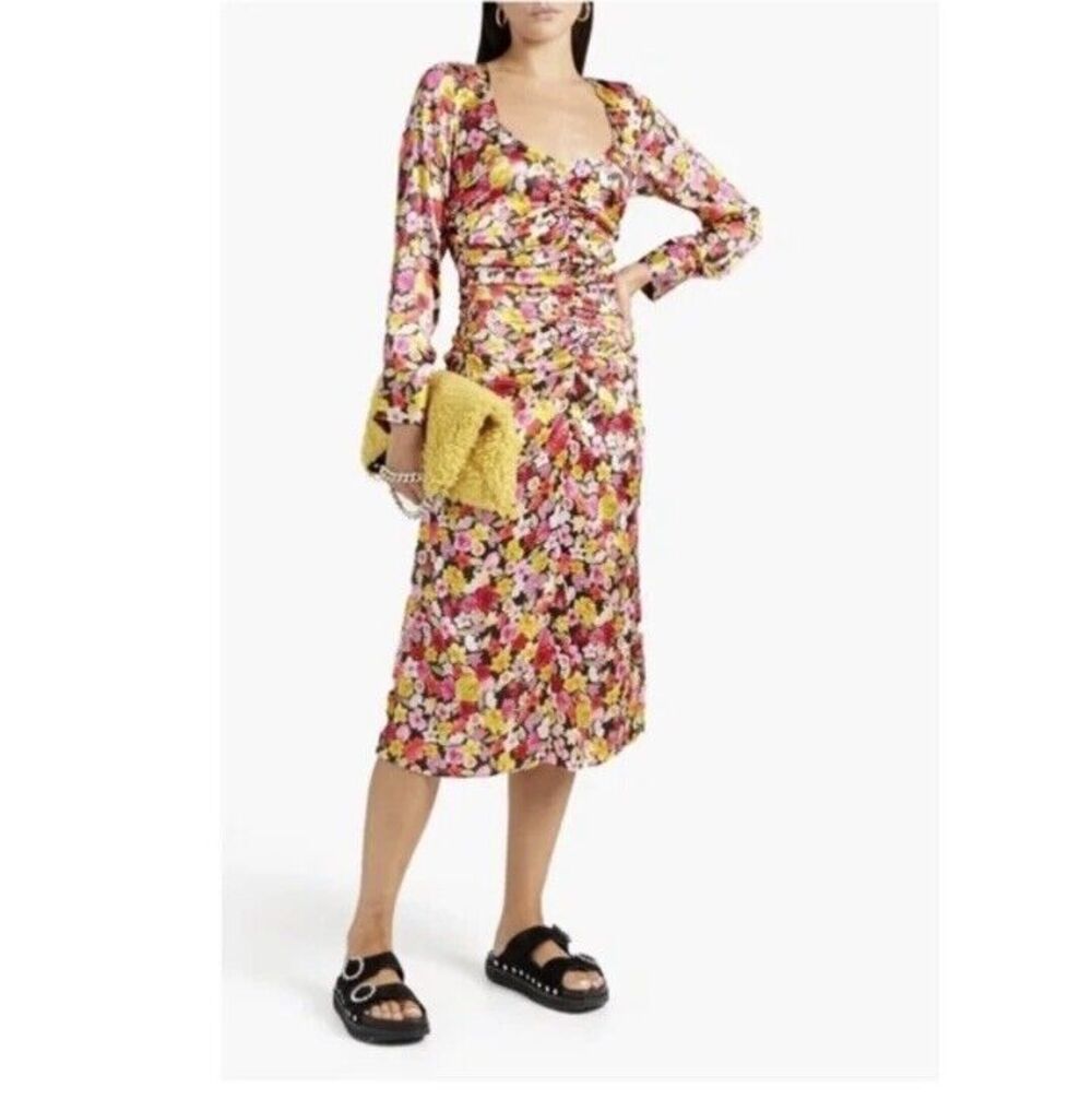 Nwt GANNI Ruched Floral-Print Silk-Blend Satin Midi Dress Size 36